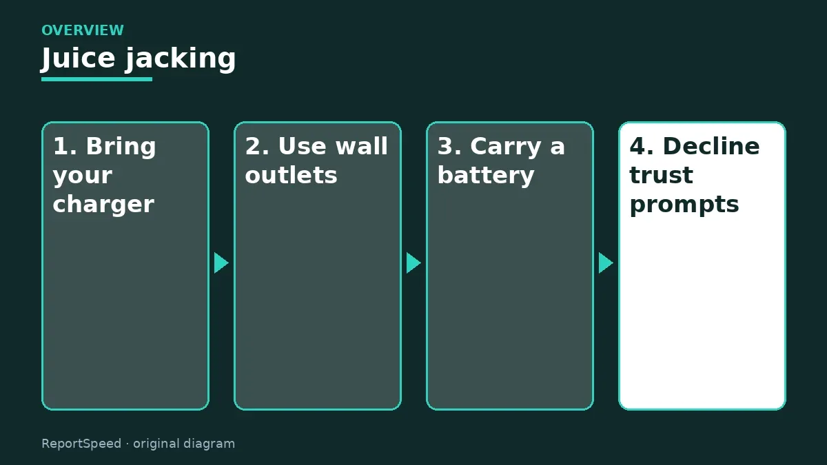 Overview diagram: Juice jacking — Bring your charger; Use wall outlets; Carry a battery; Decline trust prompts