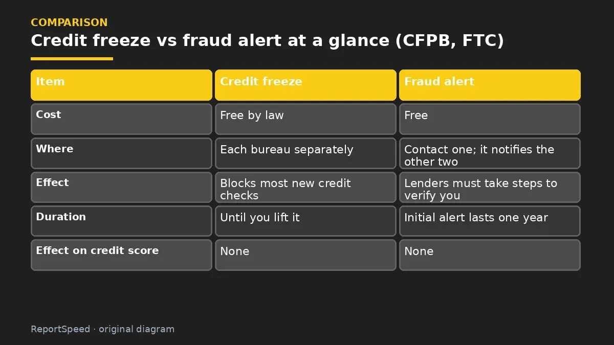 Comparison chart: Credit freeze vs fraud alert at a glance (CFPB, FTC)