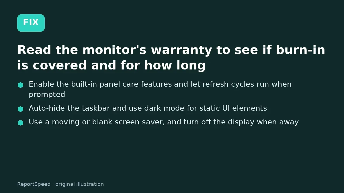 Fix steps: Read the monitor's warranty to see if burn-in is covered…; Enable the built-in panel care features and let refresh…; Auto-hide the taskbar and use dark mode for static UI…