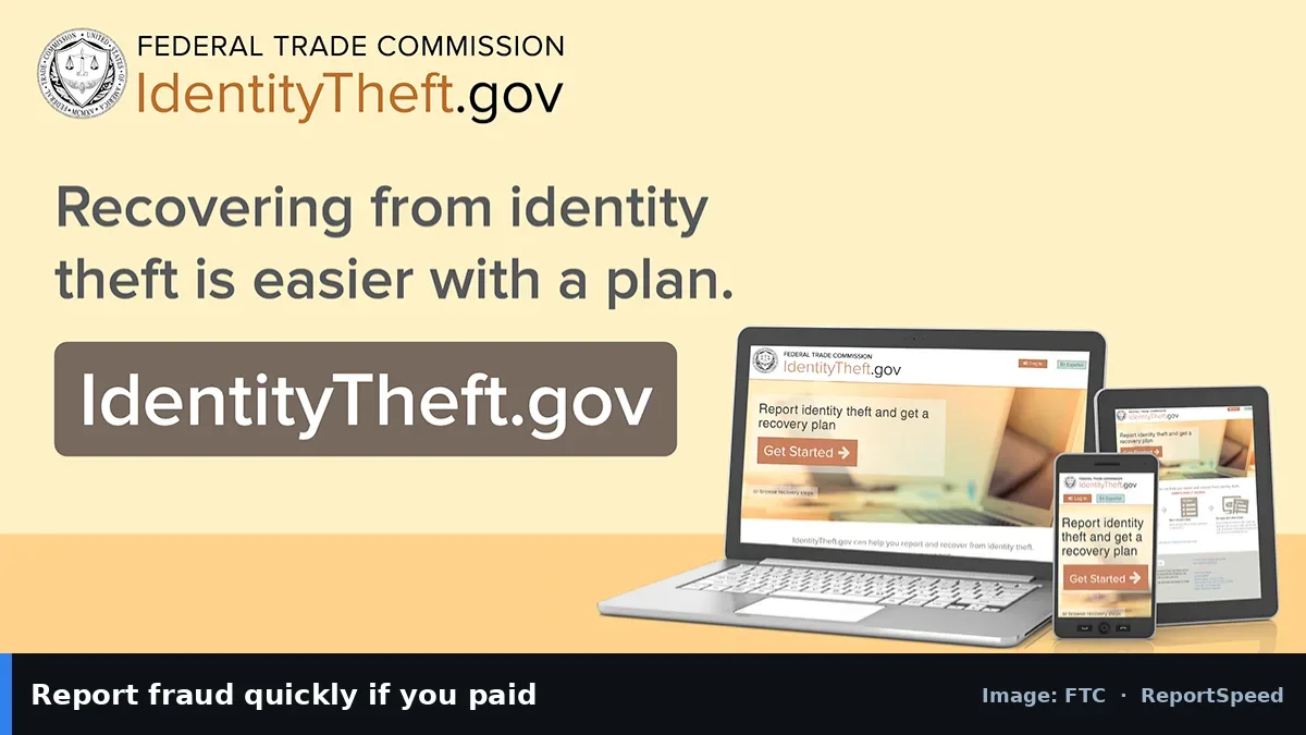 FTC IdentityTheft.gov recovery site on devices (FTC official image), annotated: Report fraud quickly if you paid