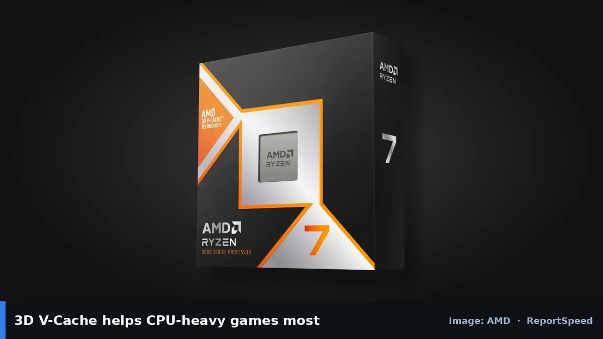 AMD Ryzen 7 9800X3D processor (AMD official image), annotated: 3D V-Cache helps CPU-heavy games most