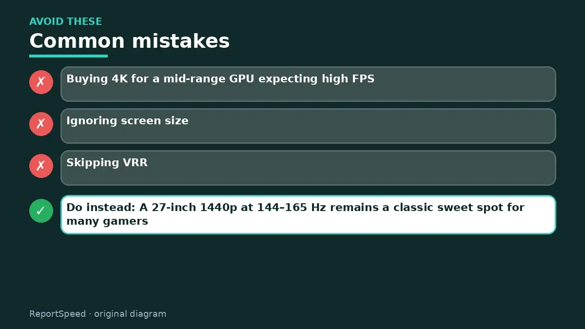 Callout graphic of common mistakes to avoid and what to do instead for 4K vs 1440p gaming monitor