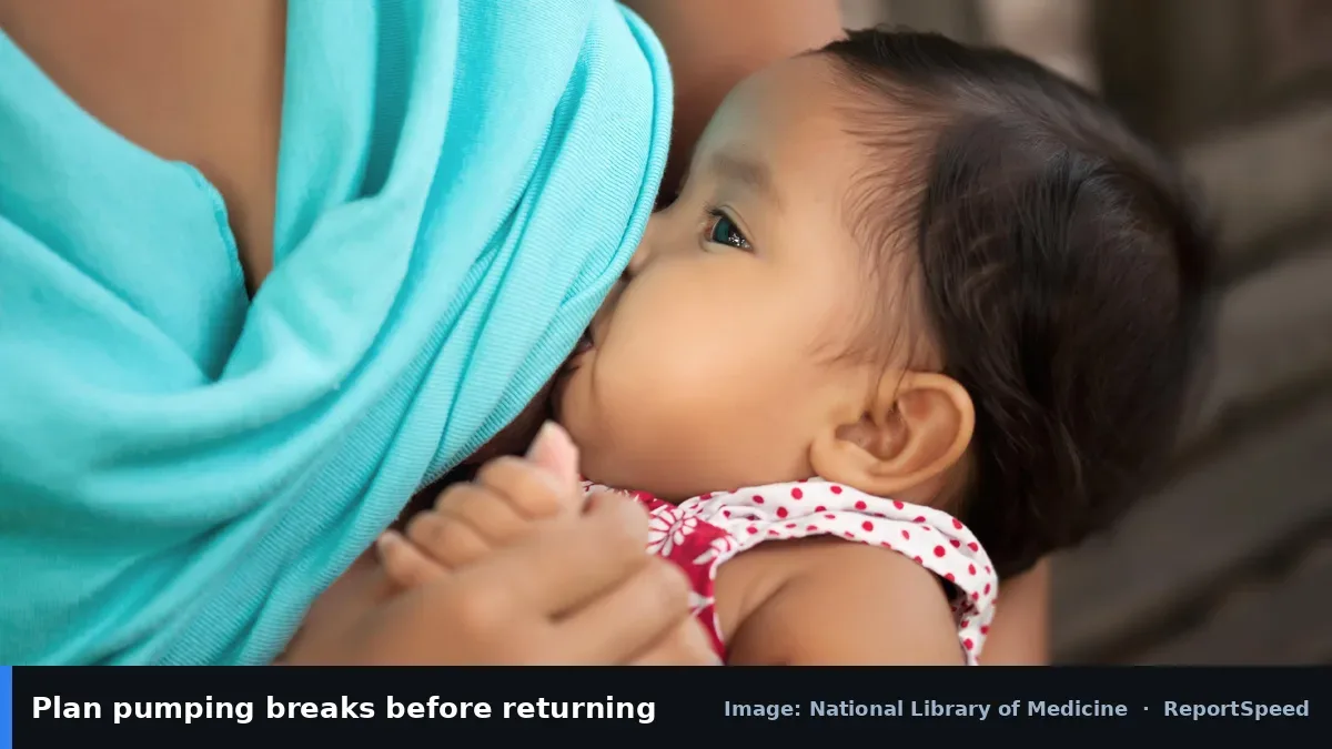 MedlinePlus image of breastfeeding (National Library of Medicine official image), annotated: Plan pumping breaks before returning