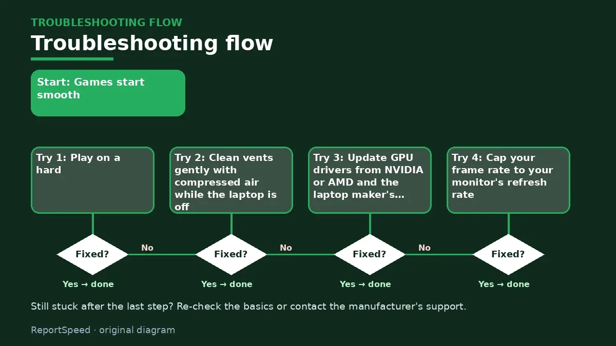 Troubleshooting flowchart: try each step in order and stop when it is fixed — Gaming laptop overheating and throttling