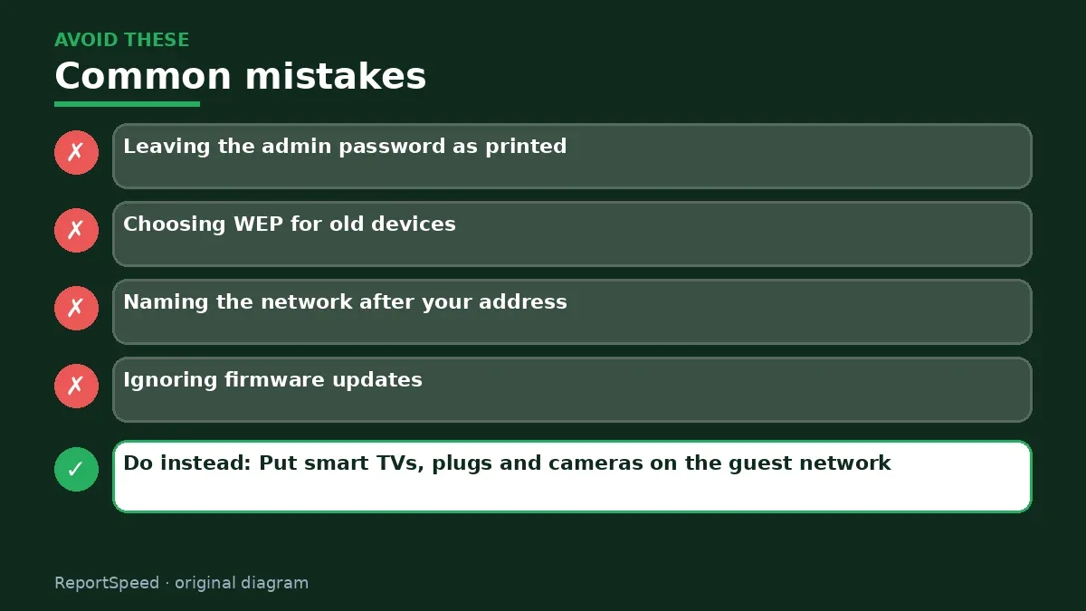 Callout graphic of common mistakes to avoid and what to do instead for How do I secure my home Wi-Fi router