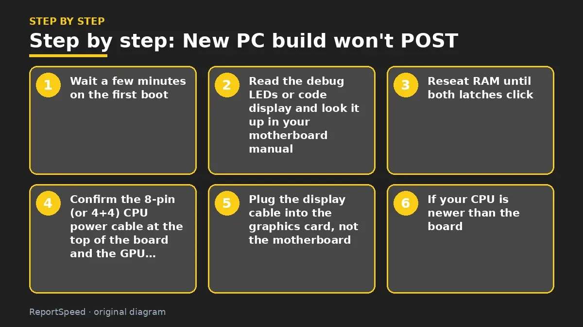 Step illustration: numbered steps for New PC build won't POST