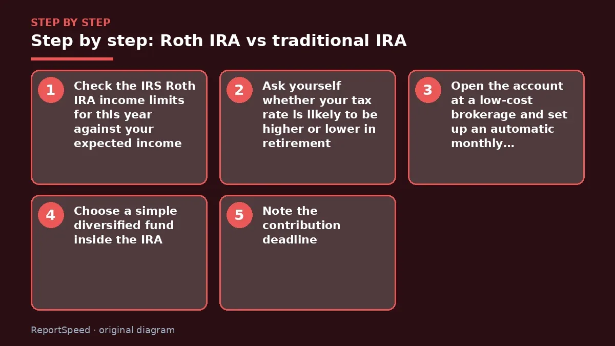 Step illustration: numbered steps for Roth IRA vs traditional IRA