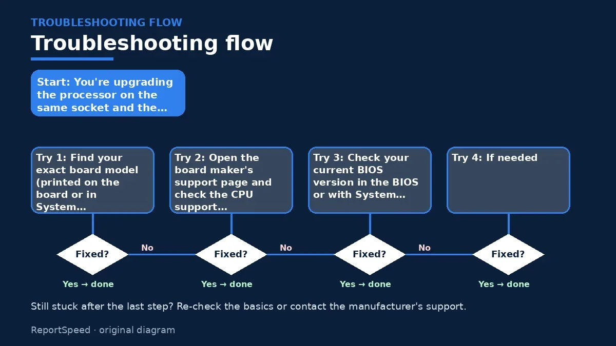 Troubleshooting flowchart: try each step in order and stop when it is fixed — Do I need a BIOS update before installing a new CPU