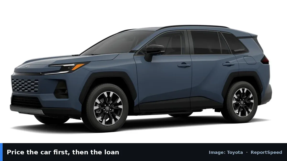 Toyota RAV4 Hybrid SUV (Toyota official image), annotated: Price the car first, then the loan