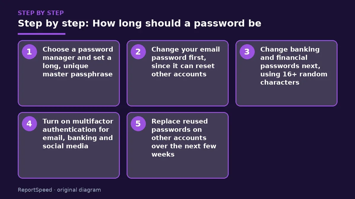 Step illustration: numbered steps for How long should a password be