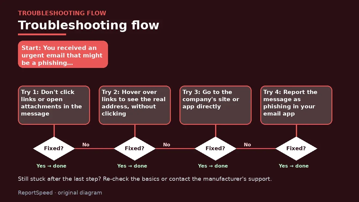 Troubleshooting flowchart: try each step in order and stop when it is fixed — How to tell if an email is phishing before you click