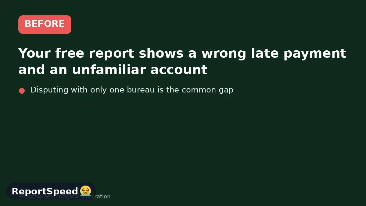Before: Your free report shows a wrong late payment and an unfamiliar account, and you're about to apply for a car loan