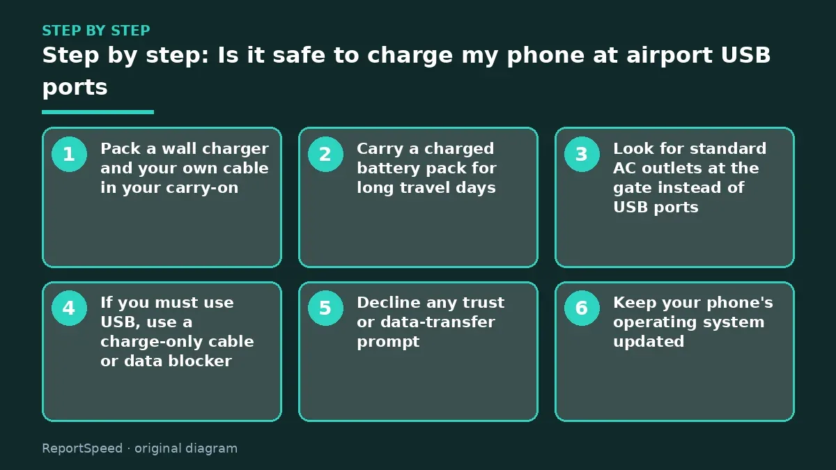 Step illustration: numbered steps for Is it safe to charge my phone at airport USB ports