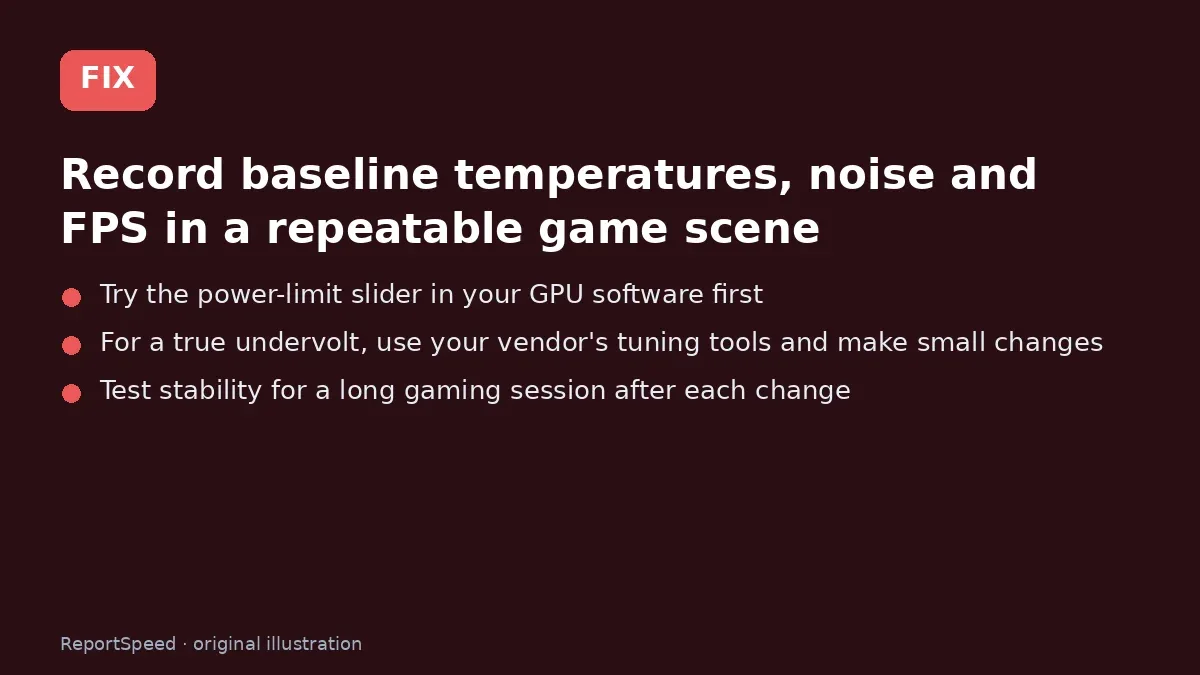 Fix steps: Record baseline temperatures; Try the power-limit slider in your GPU software first; For a true undervolt