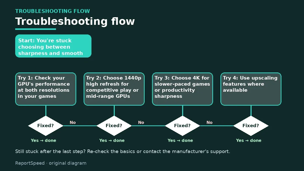 Troubleshooting flowchart: try each step in order and stop when it is fixed — 4K vs 1440p gaming monitor