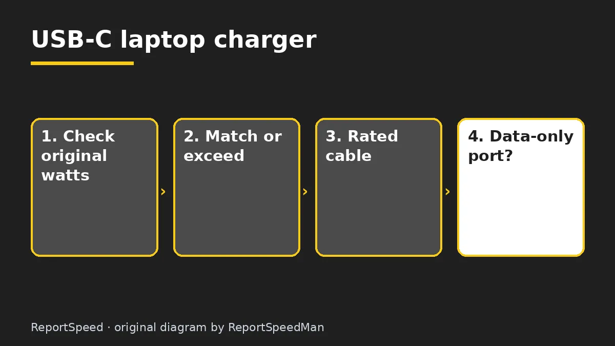 Diagram: USB-C laptop charger — Check original watts; Match or exceed; Rated cable; Data-only port?