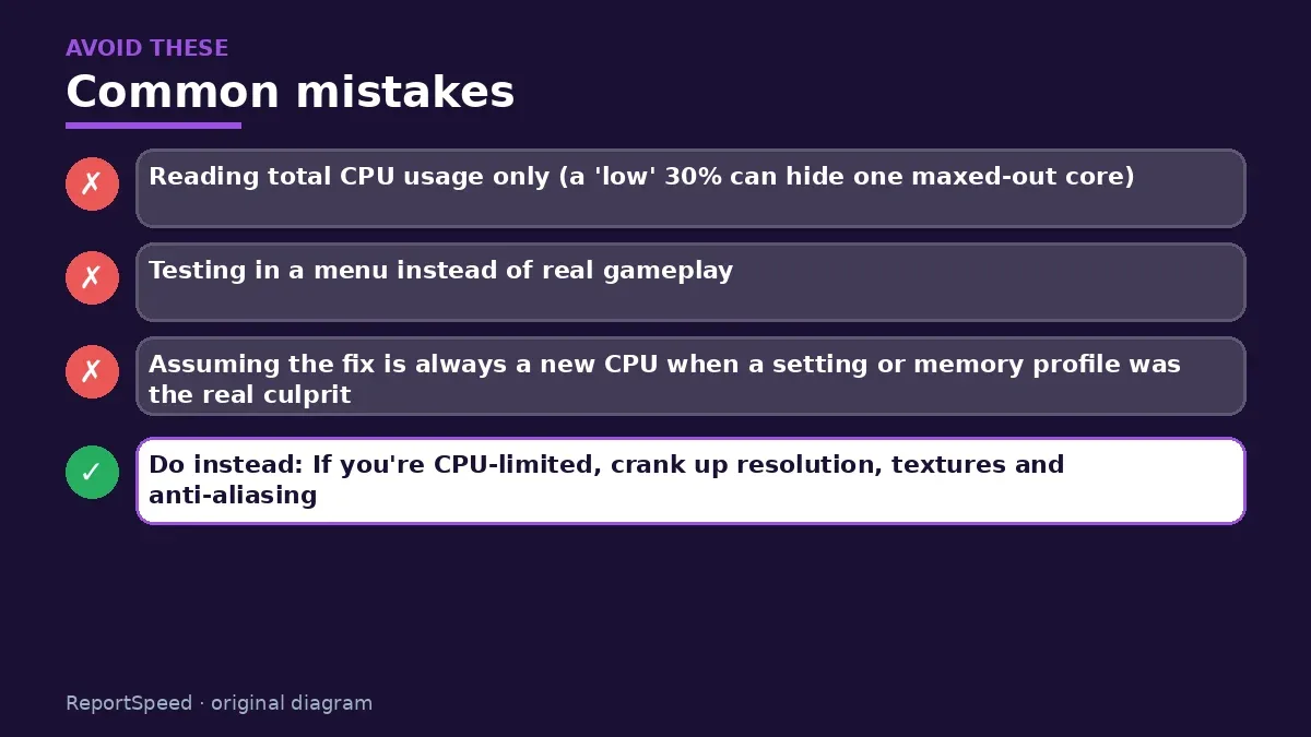 Callout graphic of common mistakes to avoid and what to do instead for How to tell if your CPU is bottlenecking your GPU in games (simple 10-minute check)