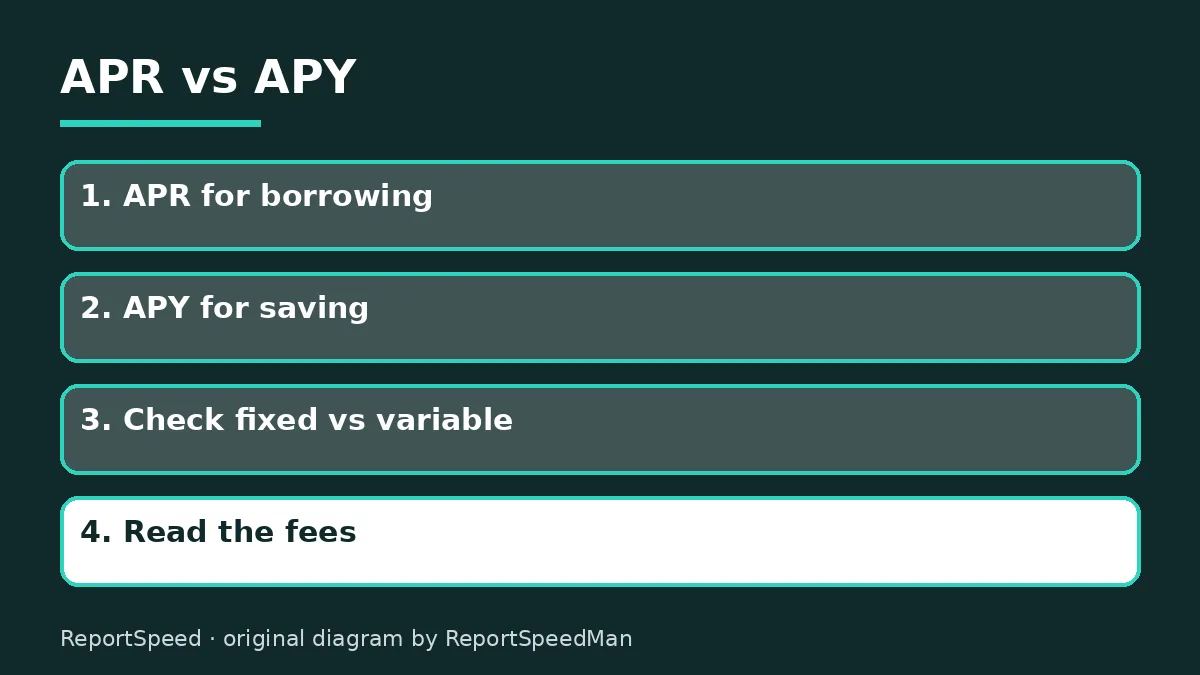 Diagram: APR vs APY — APR for borrowing; APY for saving; Check fixed vs variable; Read the fees