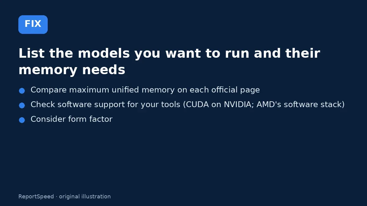 Fix steps: List the models you want to run and their memory needs; Compare maximum unified memory on each official page; Check software support for your tools (CUDA on NVIDIA