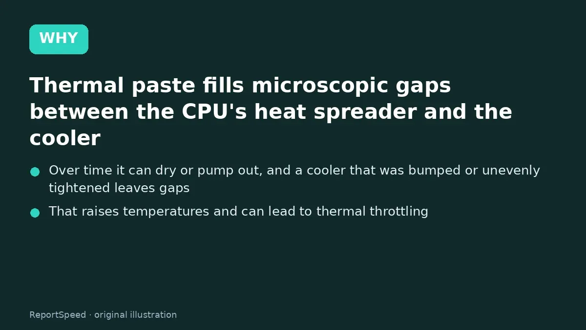 Cause: Thermal paste fills microscopic gaps between the CPU's heat spreader and the cooler