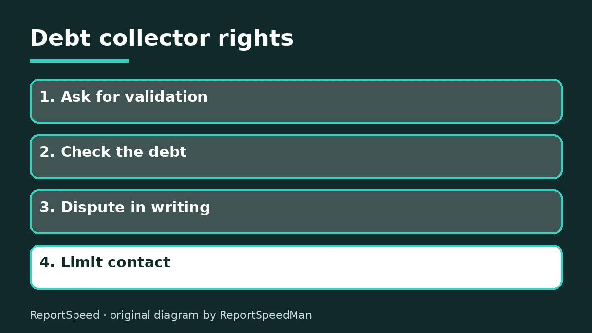 Diagram: Debt collector rights — Ask for validation; Check the debt; Dispute in writing; Limit contact