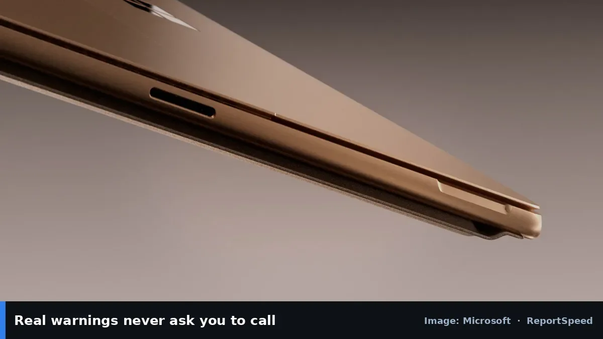 Microsoft Surface laptop (Microsoft official image), annotated: Real warnings never ask you to call