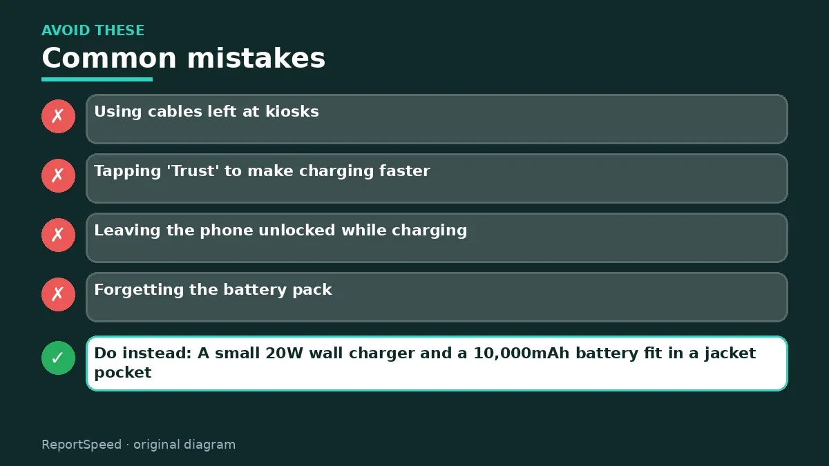 Callout graphic of common mistakes to avoid and what to do instead for Is it safe to charge my phone at airport USB ports