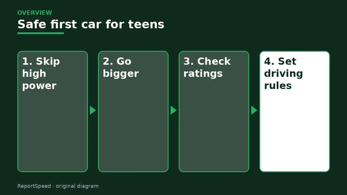Overview diagram: Safe first car for teens — Skip high power; Go bigger; Check ratings; Set driving rules