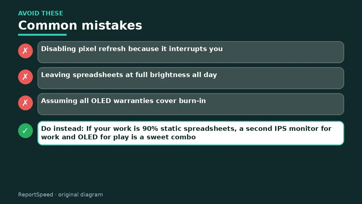 Callout graphic of common mistakes to avoid and what to do instead for OLED monitor burn-in