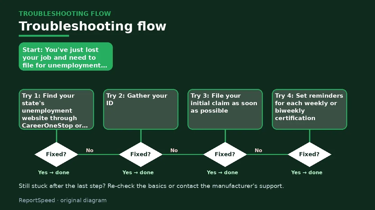 Troubleshooting flowchart: try each step in order and stop when it is fixed — How do I apply for unemployment benefits