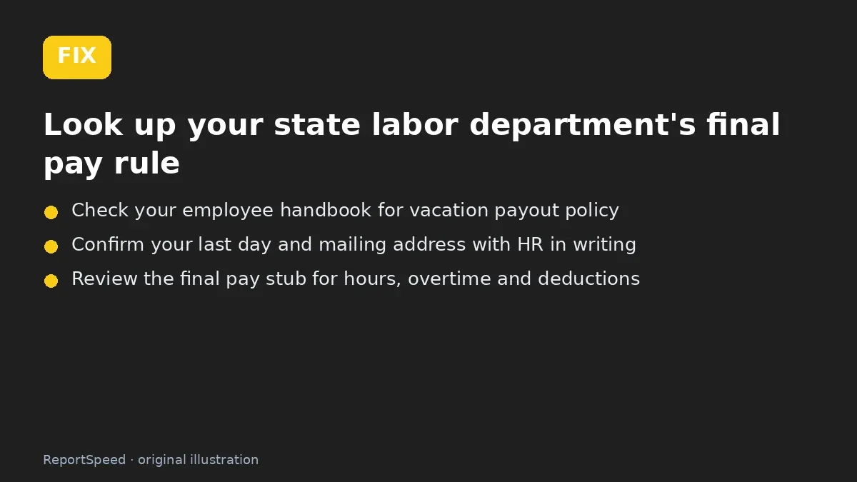 Fix steps: Look up your state labor department's final pay rule; Check your employee handbook for vacation payout policy; Confirm your last day and mailing address with HR in writing