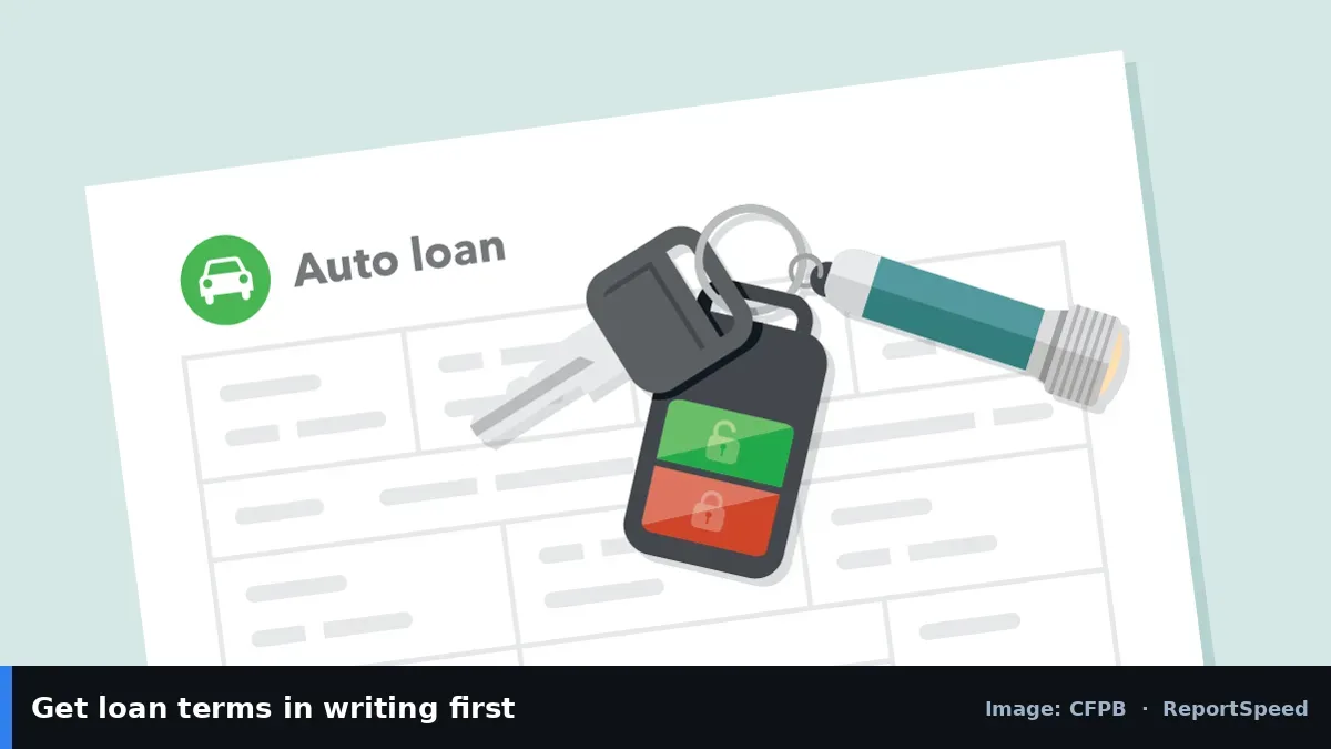 CFPB illustration of an auto loan form and car keys (CFPB official image), annotated: Get loan terms in writing first