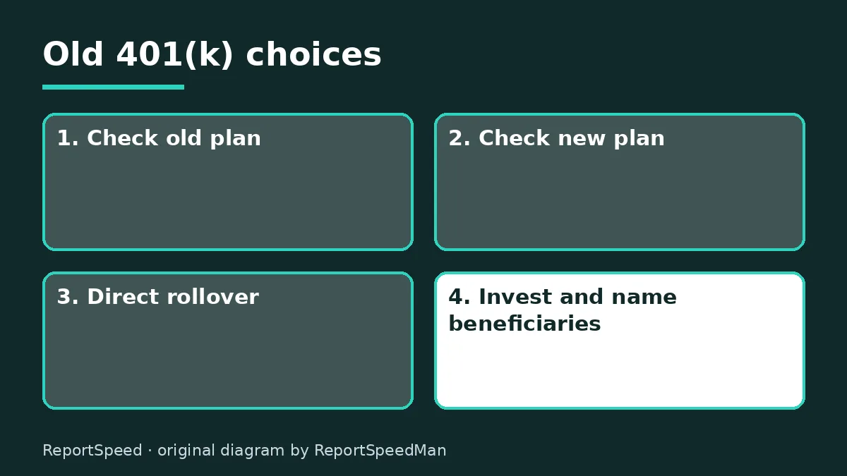 Diagram: Old 401(k) choices — Check old plan; Check new plan; Direct rollover; Invest and name beneficiaries