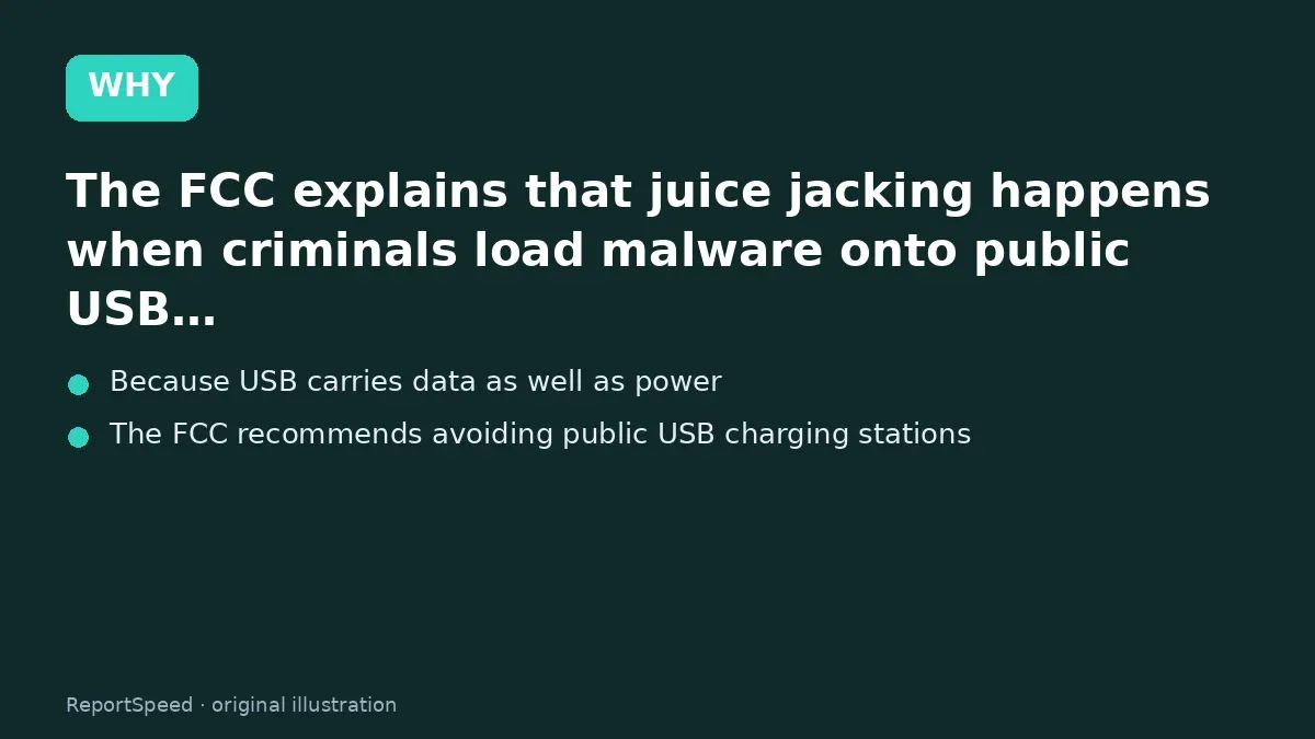 Cause: The FCC explains that juice jacking happens when criminals load malware onto public USB…