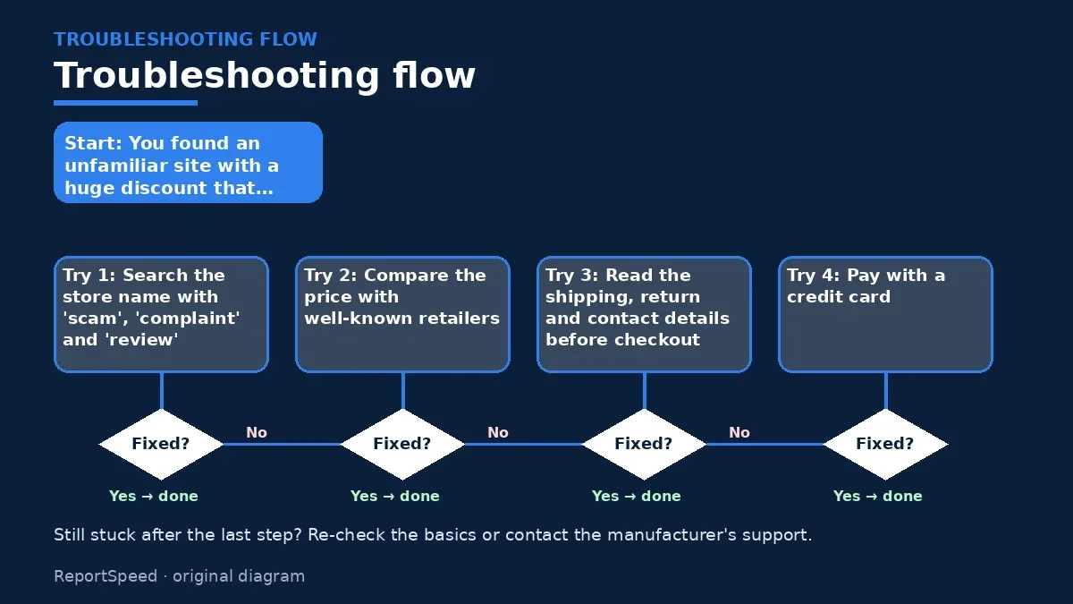 Troubleshooting flowchart: try each step in order and stop when it is fixed — How to tell if an online store is legit before you buy