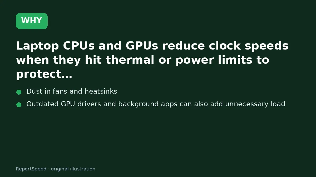 Cause: Laptop CPUs and GPUs reduce clock speeds when they hit thermal or power limits to protect…