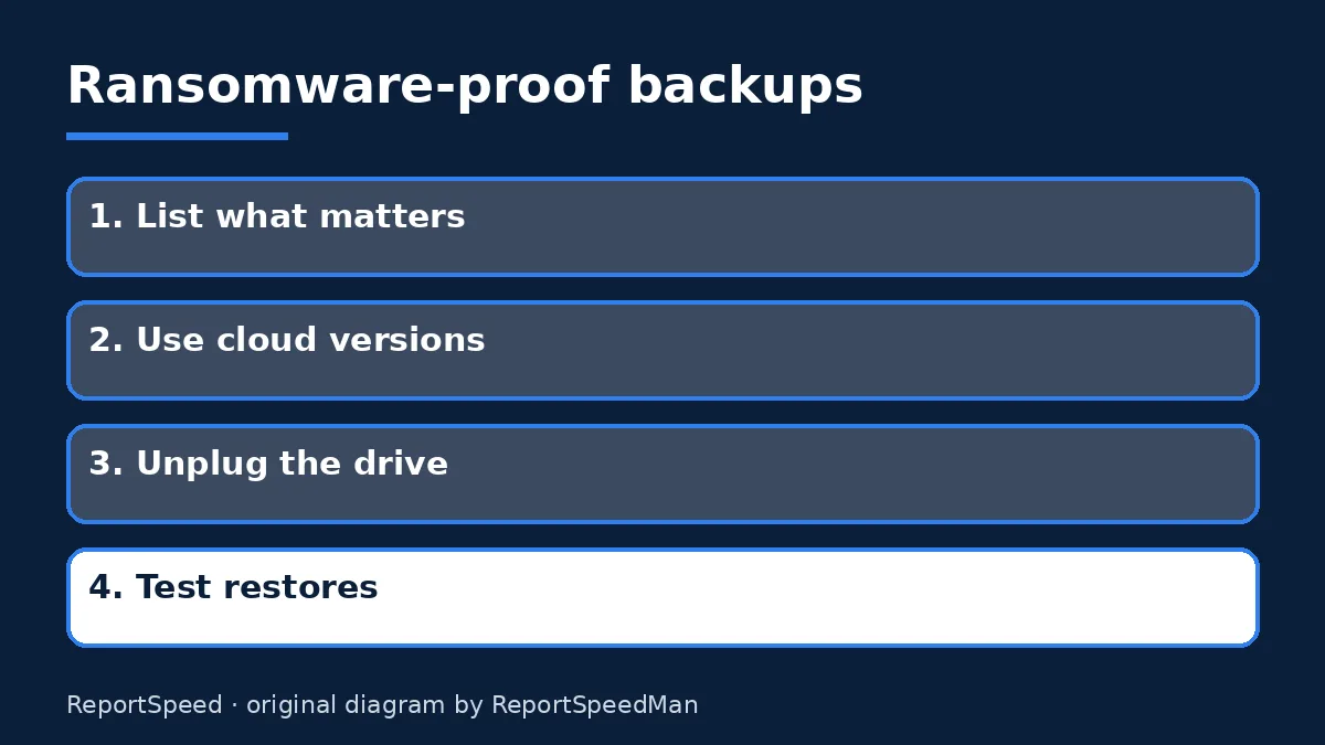 Diagram: Ransomware-proof backups — List what matters; Use cloud versions; Unplug the drive; Test restores