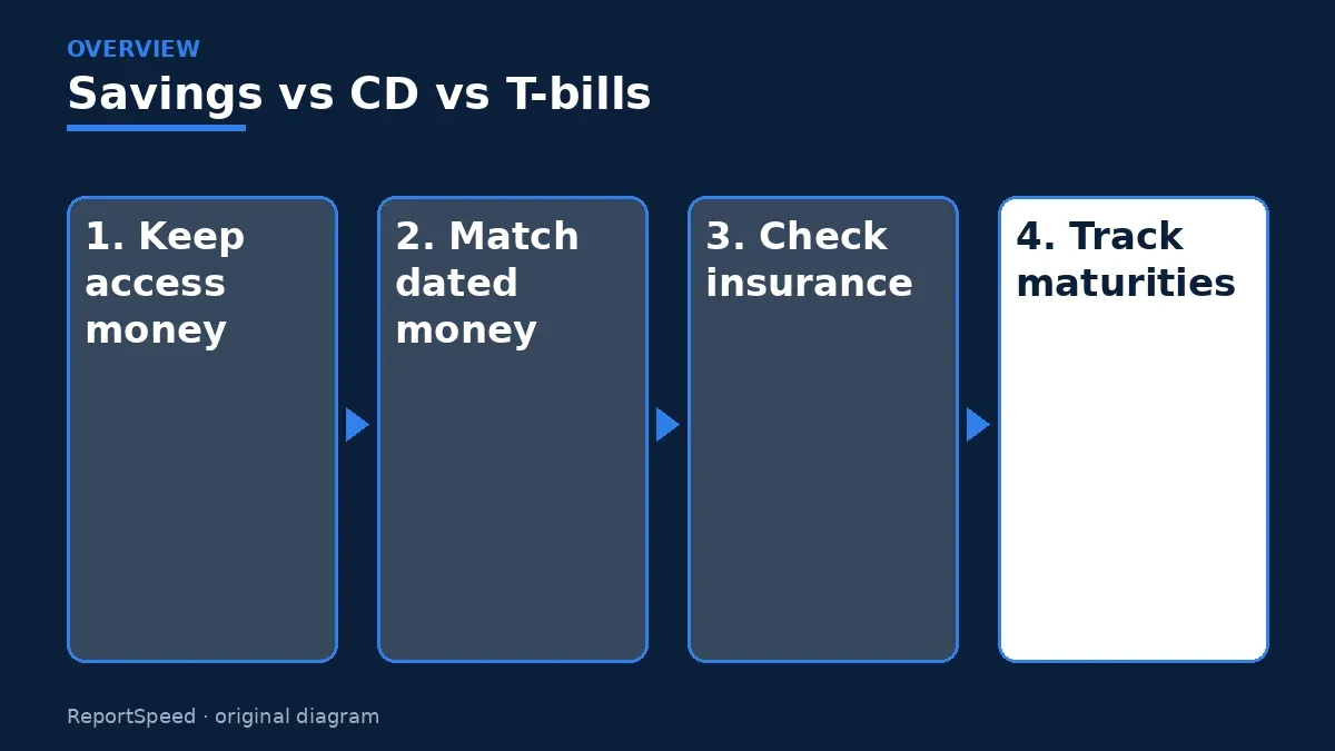Overview diagram: Savings vs CD vs T-bills — Keep access money; Match dated money; Check insurance; Track maturities