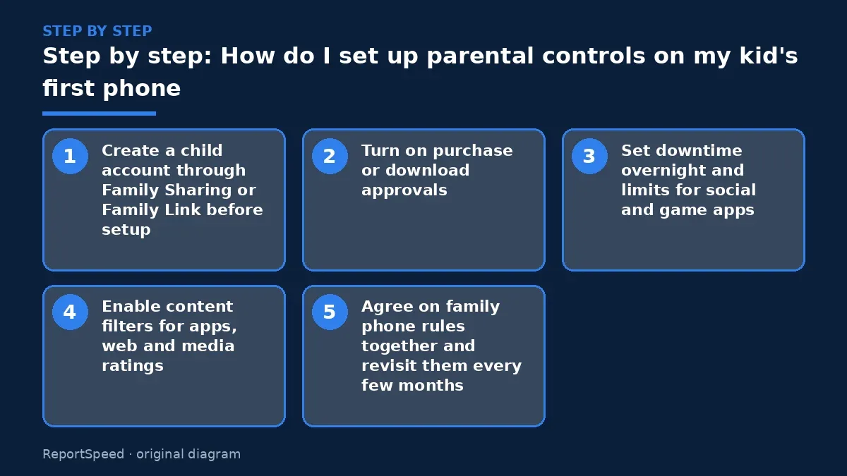 Step illustration: numbered steps for How do I set up parental controls on my kid's first phone