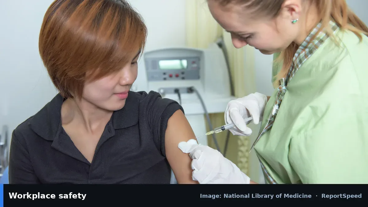 MedlinePlus image of a vaccination (National Library of Medicine official image), annotated: Workplace safety