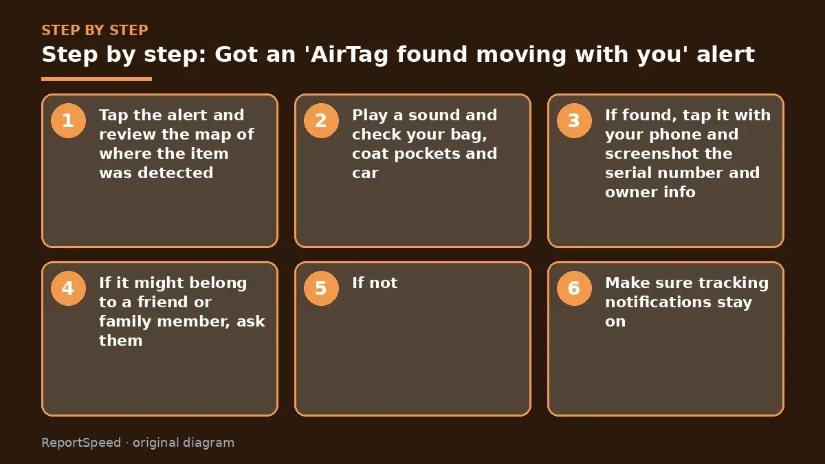 Step illustration: numbered steps for Got an 'AirTag found moving with you' alert