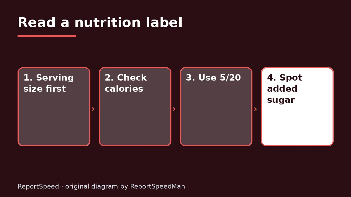 Diagram: Read a nutrition label — Serving size first; Check calories; Use 5/20; Spot added sugar