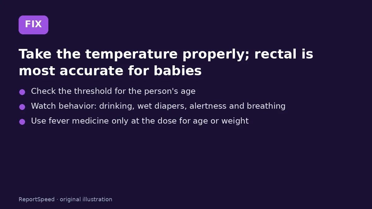 Fix steps: Take the temperature properly; Check the threshold for the person's age; Watch behavior