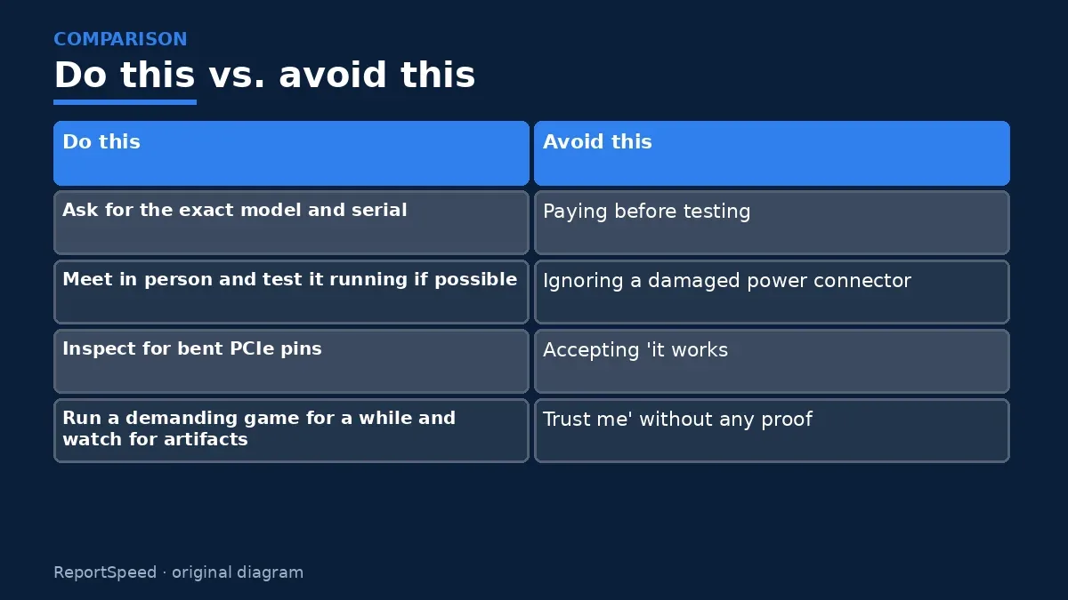 Comparison chart of recommended actions versus common mistakes for: Is it safe to buy a used graphics card