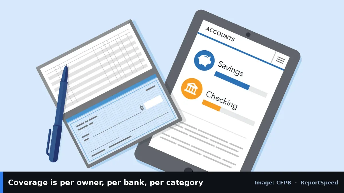 CFPB illustration of a bank statement and checking account app (CFPB official image), annotated: Coverage is per owner, per bank, per category