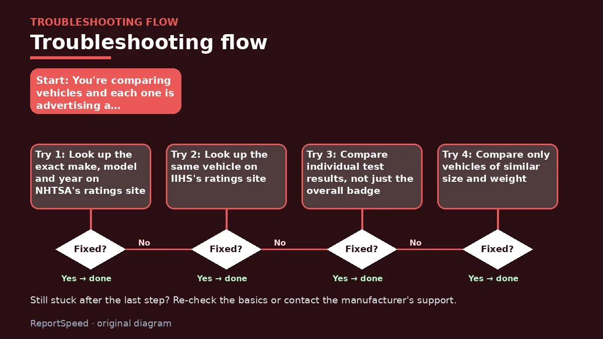 Troubleshooting flowchart: try each step in order and stop when it is fixed — NHTSA 5-star rating vs IIHS Top Safety Pick