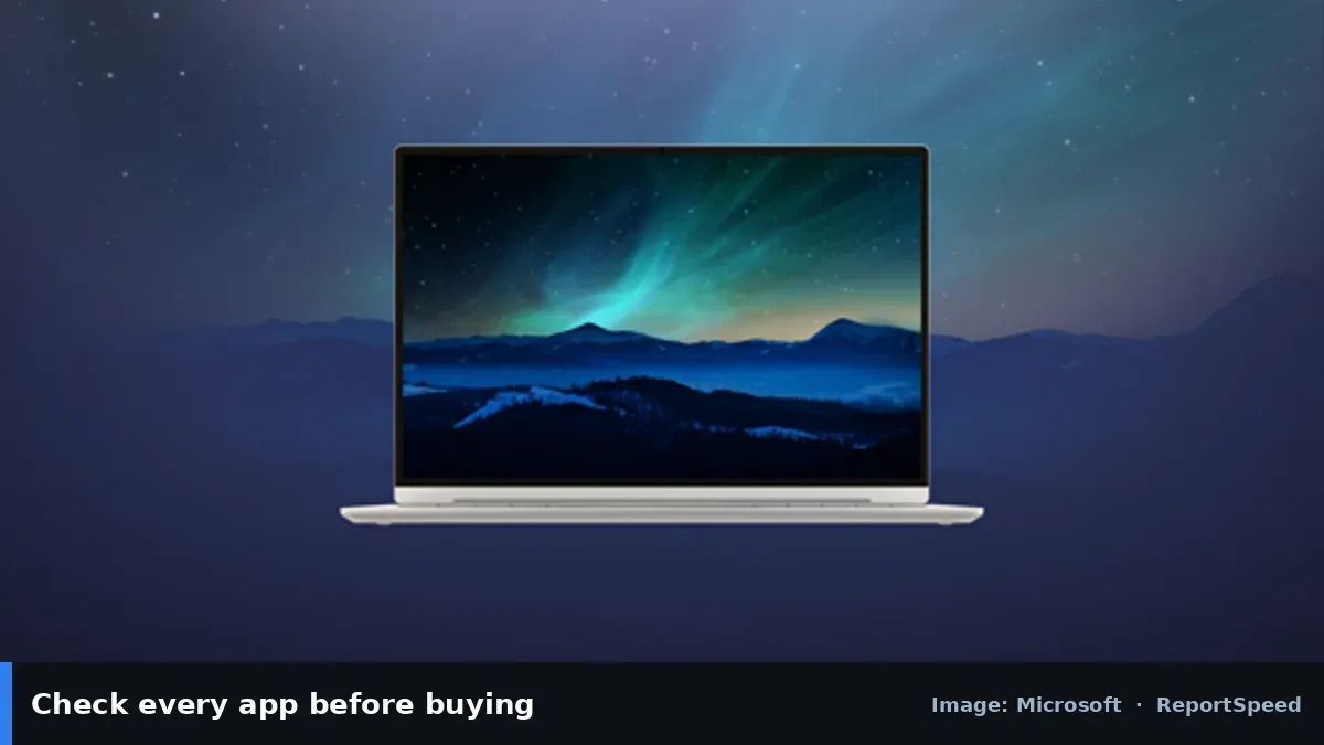 Copilot+ PC laptop (Microsoft official image), annotated: Check every app before buying