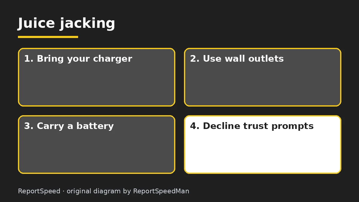 Diagram: Juice jacking — Bring your charger; Use wall outlets; Carry a battery; Decline trust prompts