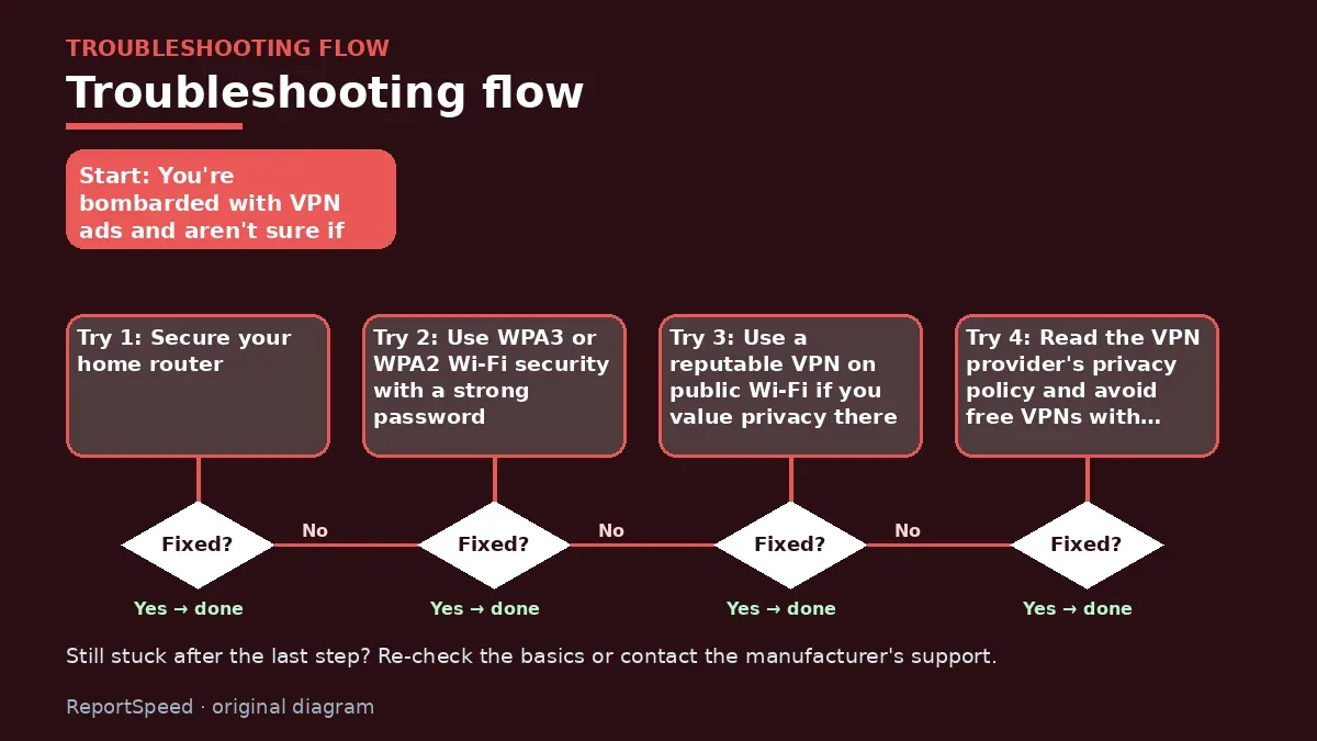 Troubleshooting flowchart: try each step in order and stop when it is fixed — Do I need a VPN at home