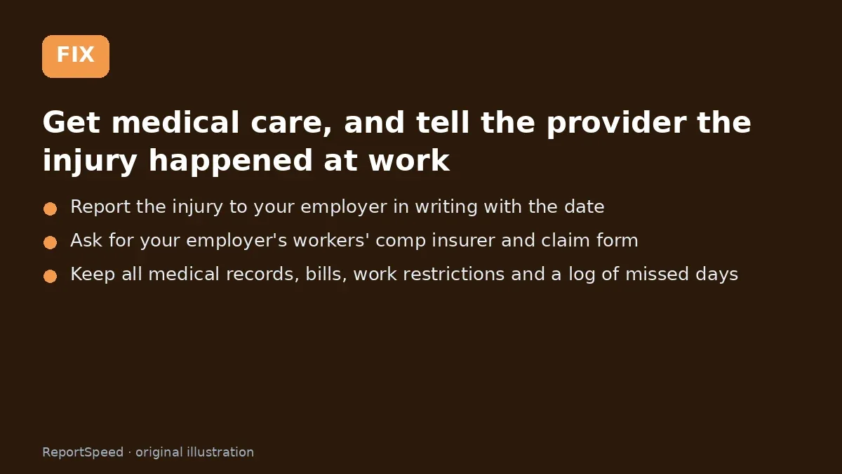 Fix steps: Get medical care; Report the injury to your employer in writing with the date; Ask for your employer's workers' comp insurer and claim form